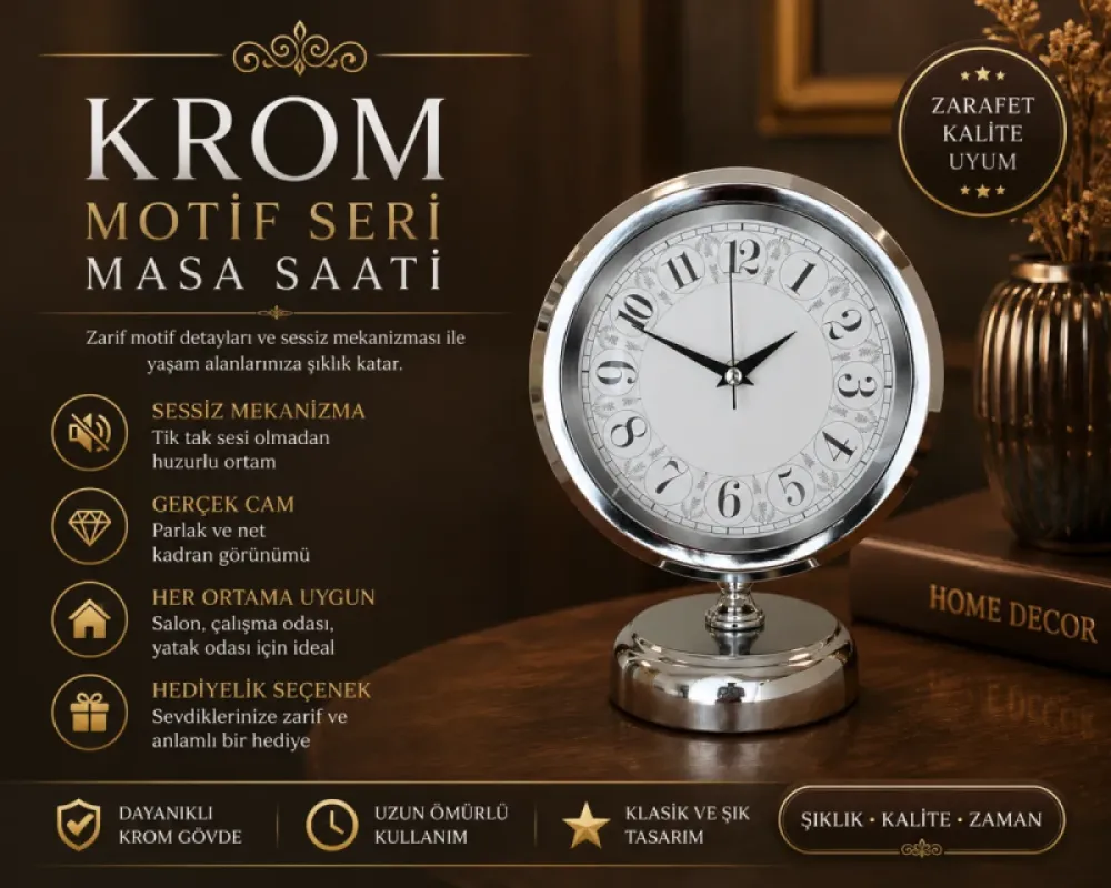 Krom Metal Masa Saati 25 x 20 cm · Model MS-2020K