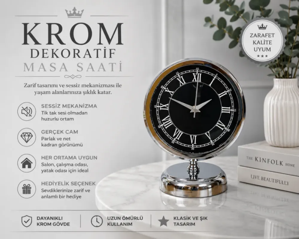 Krom Metal Masa Saati 25 x 20 cm · Model MS-2051K