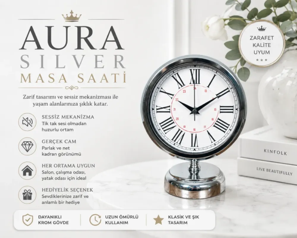 Roma Rakamlı Krom Metal Masa Saati 25 x 20 cm · Model MS-2052K