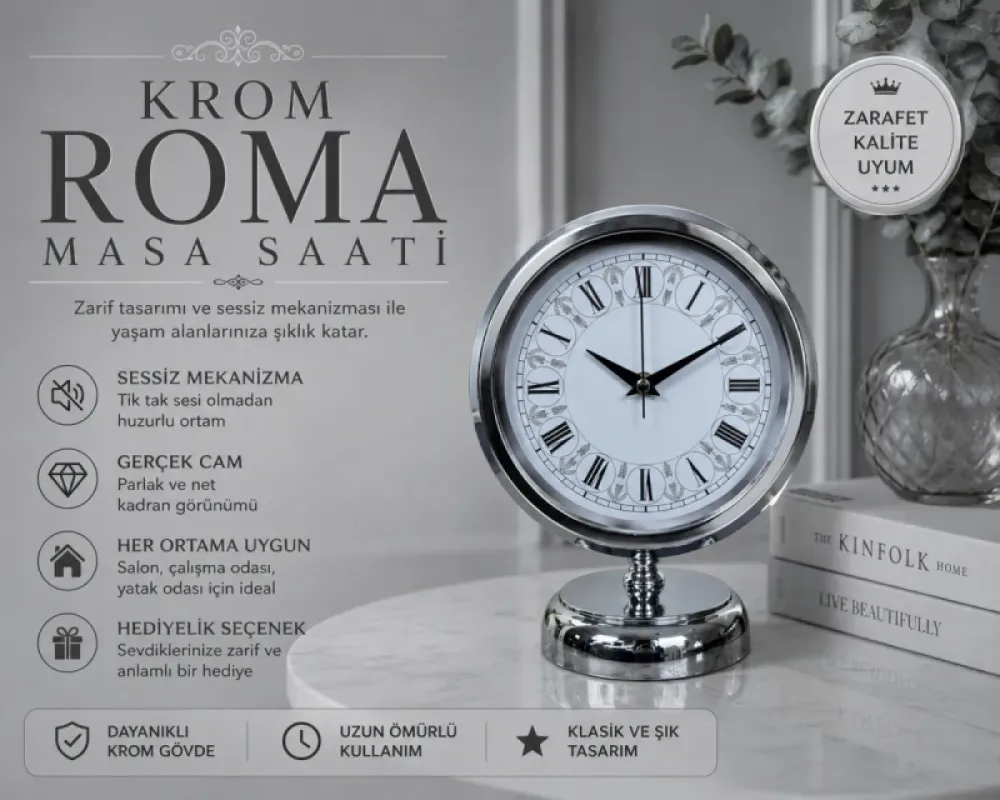 Krom Metal Masa Saati 25 x 20 cm · Model MS-2063K
