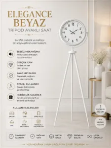 Beyaz Metal Ayaklı Tripod Saat 150 x 45 cm · Model AS-4005WW