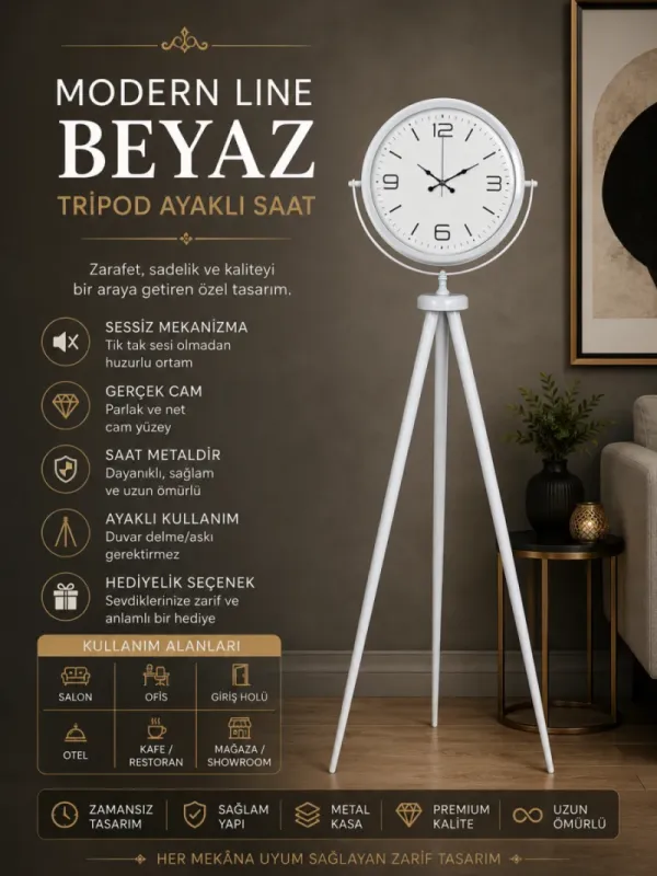Beyaz Metal Ayaklı Tripod Saat 150 x 45 cm · Model AS-4008WW