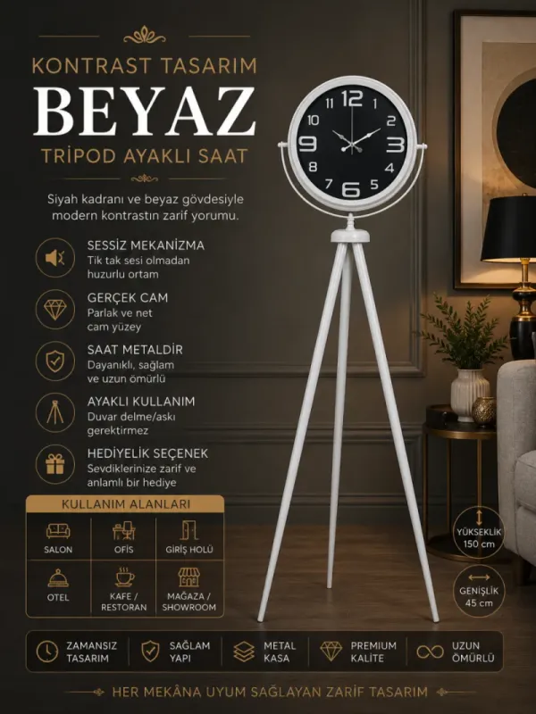 Beyaz Metal Ayaklı Tripod Saat 150 x 45 cm · Model AS-4009WW