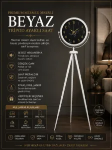 Desenli Beyaz Metal Ayaklı Tripod Saat 150 x 45 cm · Model AS-4011WW