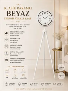 Beyaz Metal Ayaklı Tripod Saat 150 x 45 cm · Model AS-4025WW