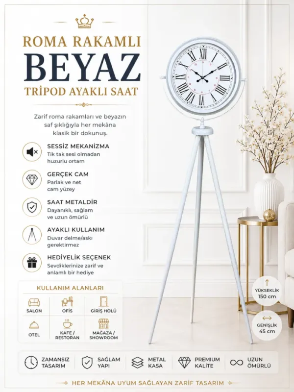 Roma Rakamlı Beyaz Metal Ayaklı Tripod Saat 150 x 45 cm · Model AS-4052WW