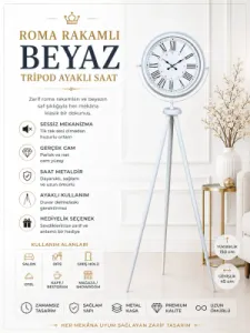 Roma Rakamlı Beyaz Metal Ayaklı Tripod Saat 150 x 45 cm · Model AS-4052WW