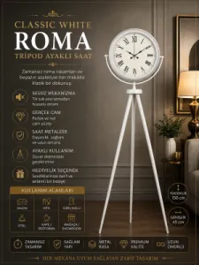 Roma Rakamlı Beyaz Metal Ayaklı Tripod Saat 150 x 45 cm · Model AS-4054WW