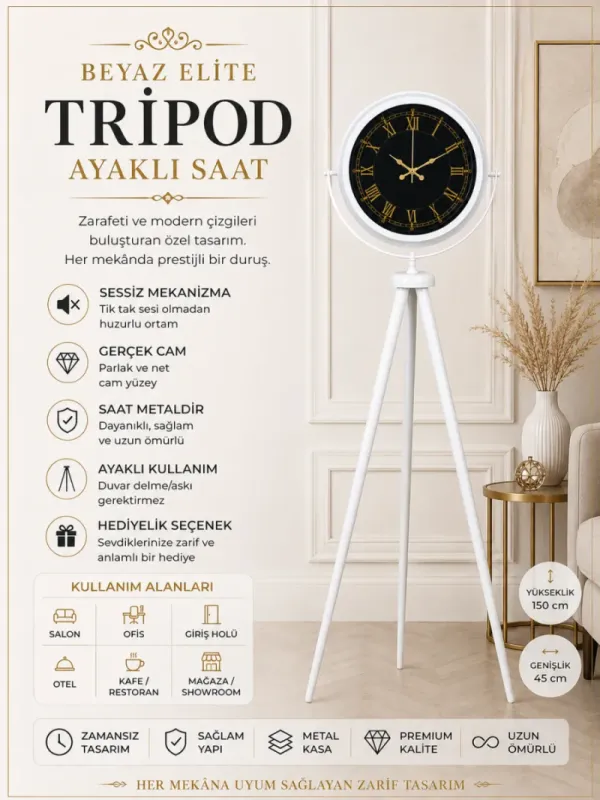 Beyaz Metal Ayaklı Tripod Saat 150 x 45 cm · Model AS-4072WW