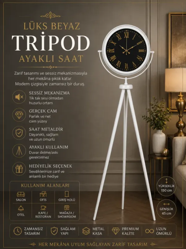 Beyaz Metal Ayaklı Tripod Saat 150 x 45 cm · Model AS-4073WW