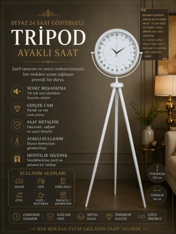 Göstergeli Beyaz Metal Ayaklı Tripod Saat 150 x 45 cm · Model AS-4097WW
