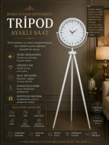 Göstergeli Beyaz Metal Ayaklı Tripod Saat 150 x 45 cm · Model AS-4097WW