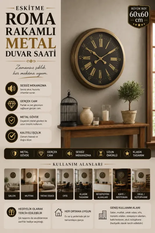Roma Rakamlı Eskitme Metal Duvar Saati 60 cm · Model 6058E