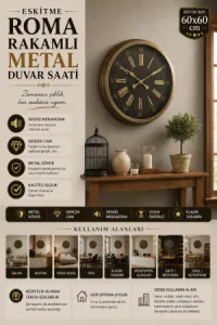 Roma Rakamlı Eskitme Metal Duvar Saati 60 cm · Model 6058E
