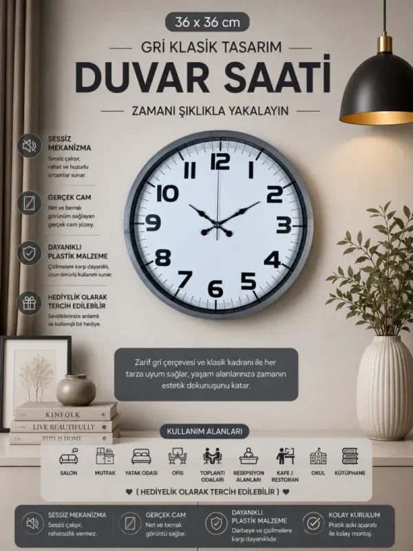 Gri Plastik Duvar Saati 36 cm · Model PP-3636K