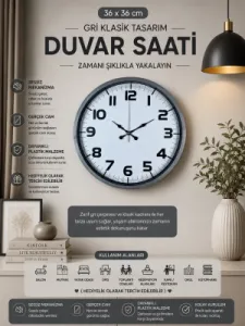 Gri Plastik Duvar Saati 36 cm · Model PP-3636K