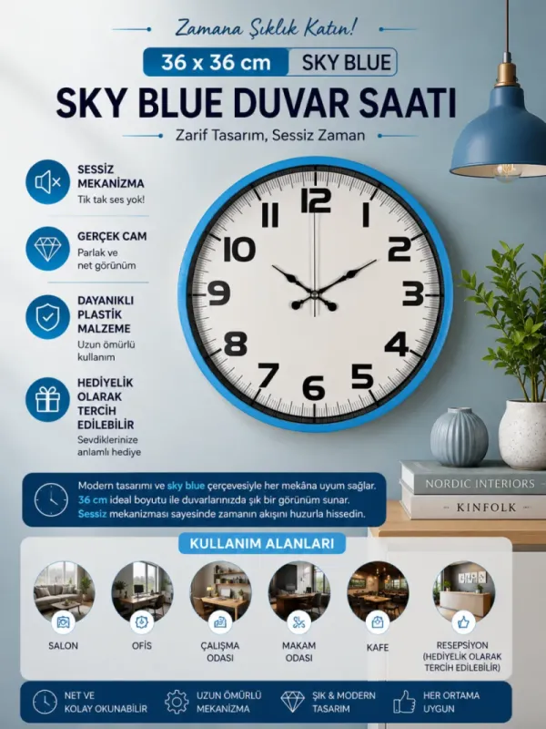 Mavi Plastik Duvar Saati 36 cm · Model PP-3636M