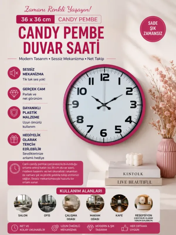 Pembe Plastik Duvar Saati 36 cm · Model PP-3636P