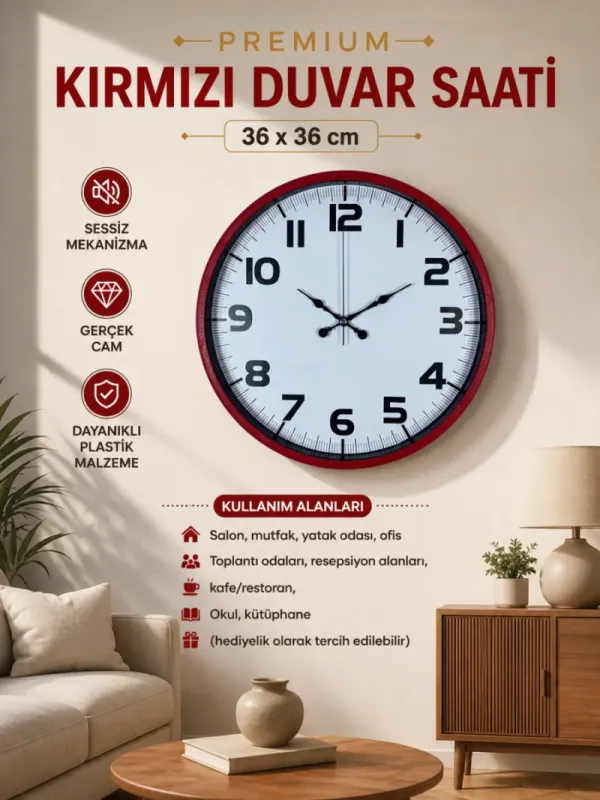 Kırmızı Plastik Duvar Saati 36 cm · Model PP-3636R