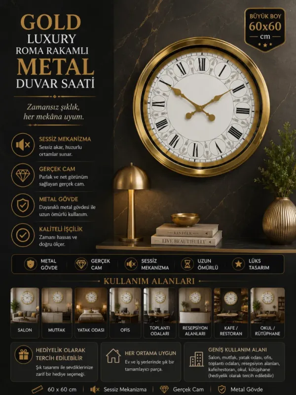 Roma Rakamlı Gold Metal Duvar Saati 60 cm · Model 6061G