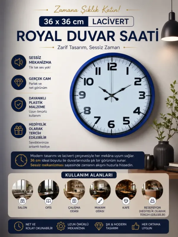 Lacivert Plastik Duvar Saati 36 cm · Model PP-3636V