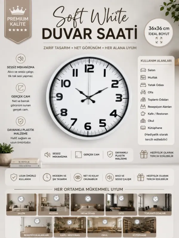 Beyaz Plastik Duvar Saati 36 cm · Model PP-3636W