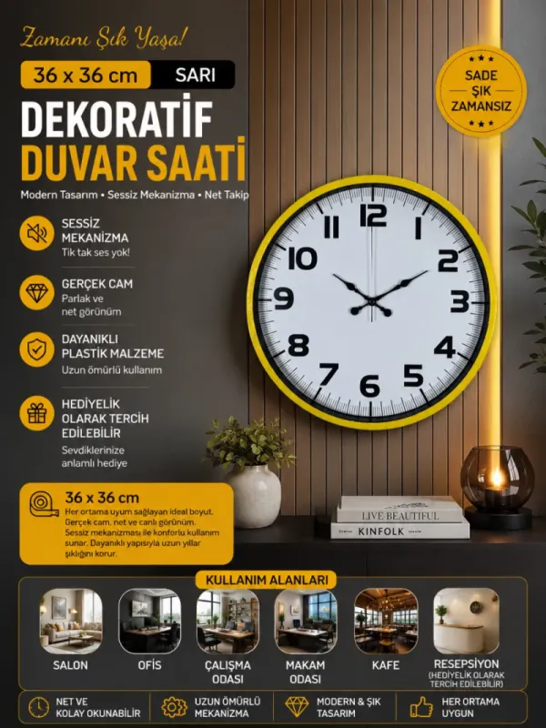 Sarı Plastik Duvar Saati 36 cm · Model PP-3636Y