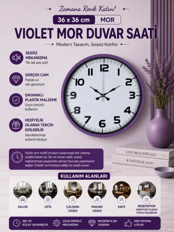 Mor Plastik Duvar Saati 36 cm · Model PP-3636Z