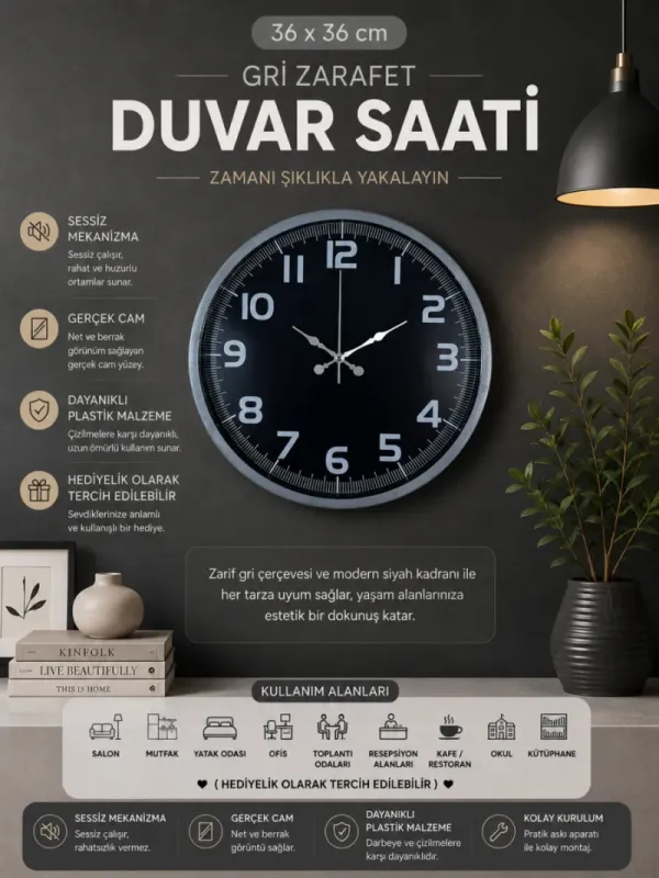 Gri Plastik Duvar Saati 36 cm · Model PP-3637K