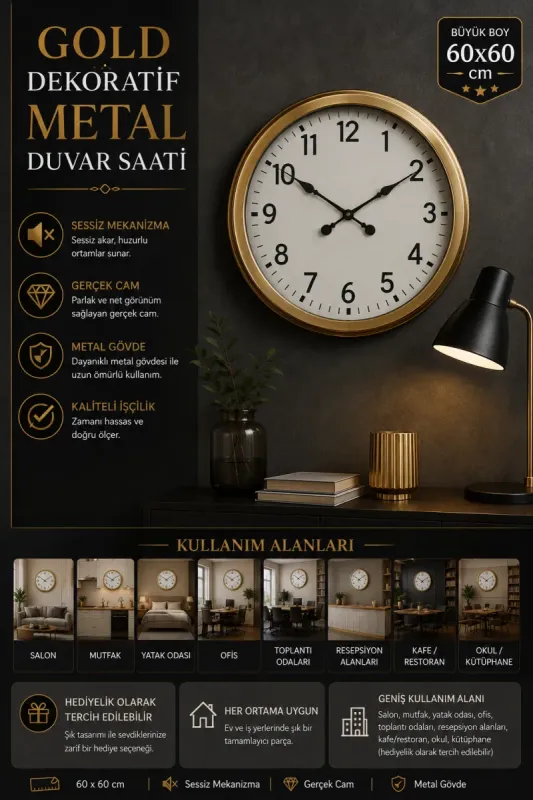 Gold Metal Duvar Saati 60 cm · Model 6001G