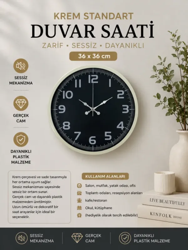 Krem Plastik Duvar Saati 36 cm · Model PP-3637X