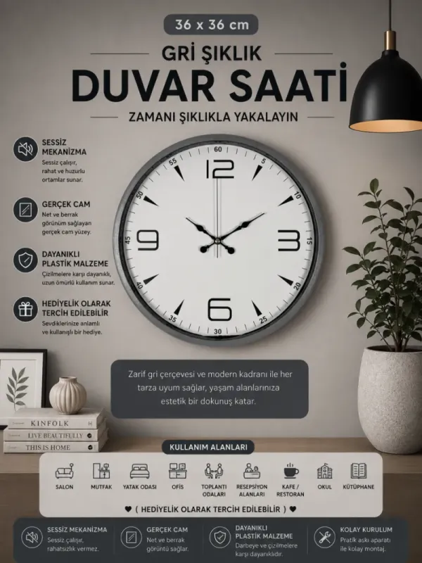 Gri Plastik Duvar Saati 36 cm · Model PP-3650K