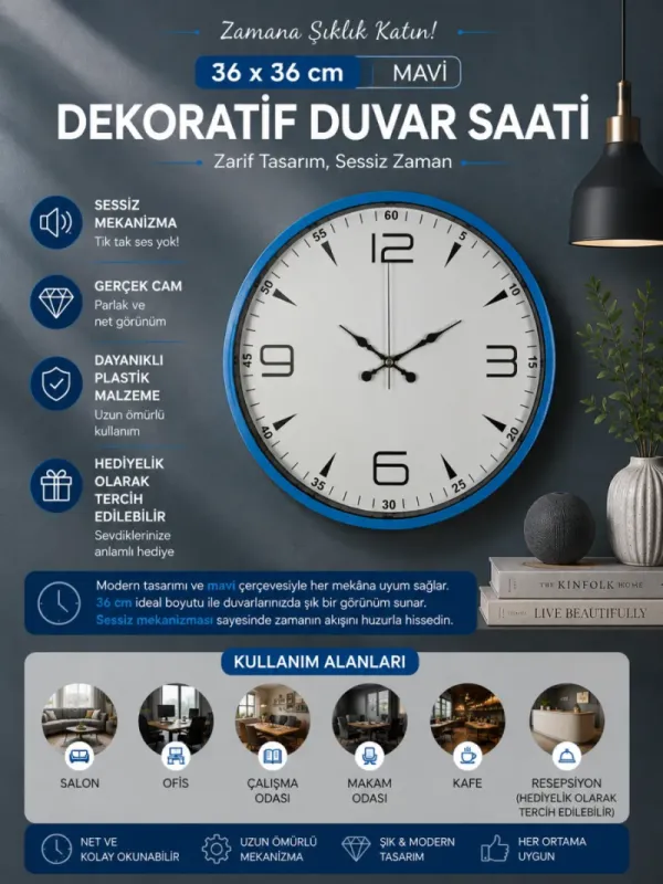 Mavi Plastik Duvar Saati 36 cm · Model PP-3650M