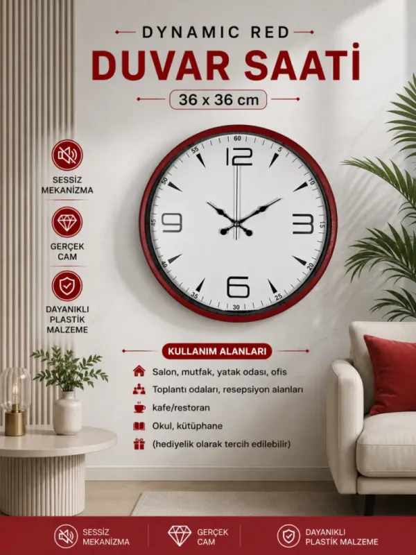Kırmızı Plastik Duvar Saati 36 cm · Model PP-3650R