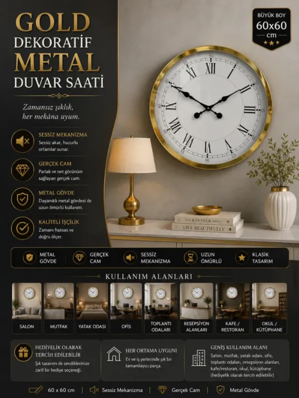Roma Rakamlı Gold Metal Duvar Saati 60 cm · Model 6055G