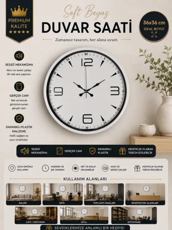 Beyaz Plastik Duvar Saati 36 cm · Model PP-3650W