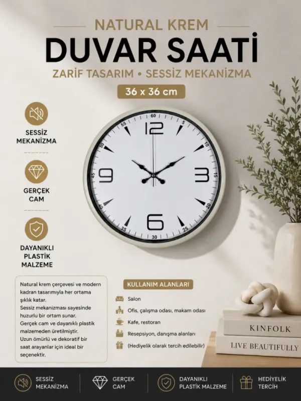 Krem Plastik Duvar Saati 36 cm · Model PP-3650X