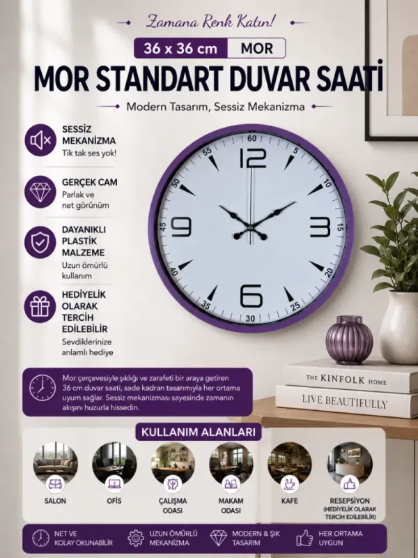Mor Plastik Duvar Saati 36 cm · Model PP-3650Z