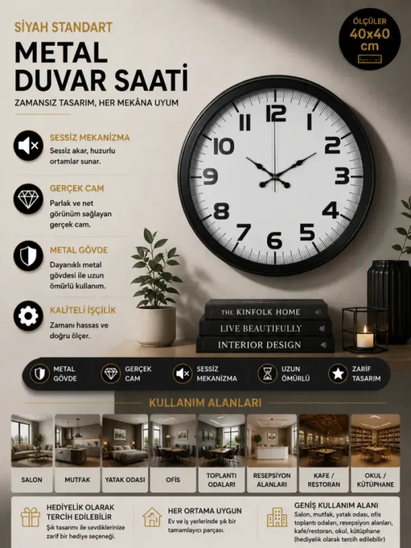 Siyah Metal Duvar Saati 40 cm · Model 4036B
