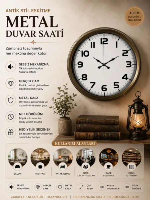 Eskitme Metal Duvar Saati 40 cm · Model 4036E