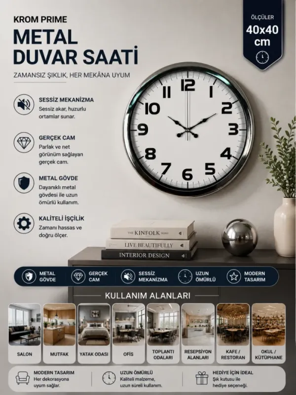 Krom Metal Duvar Saati 40 cm · Model 4036K