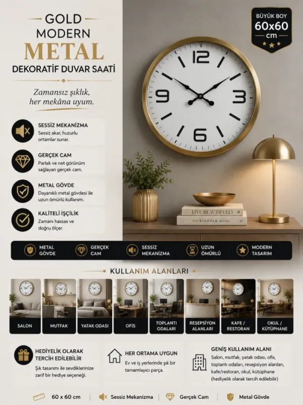 Gold Metal Duvar Saati 60 cm · Model 6008G