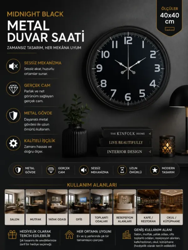 Siyah Metal Duvar Saati 40 cm · Model 4037B