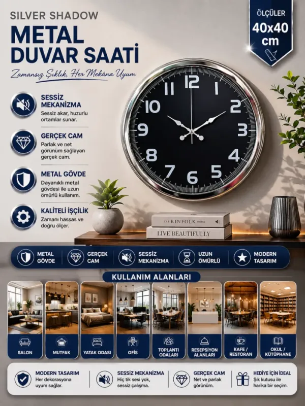 Krom Metal Duvar Saati 40 cm · Model 4037K