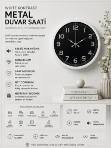 Beyaz Metal Duvar Saati 40 cm · Model 4037W