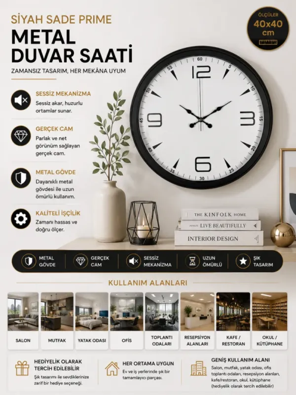 Siyah Metal Duvar Saati 40 cm · Model 4050B