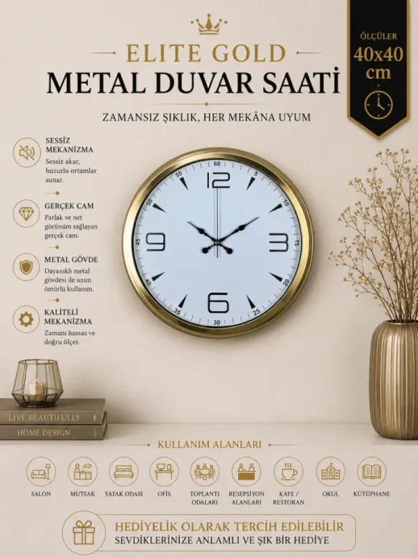 Gold Metal Duvar Saati 40 cm · Model 4050G