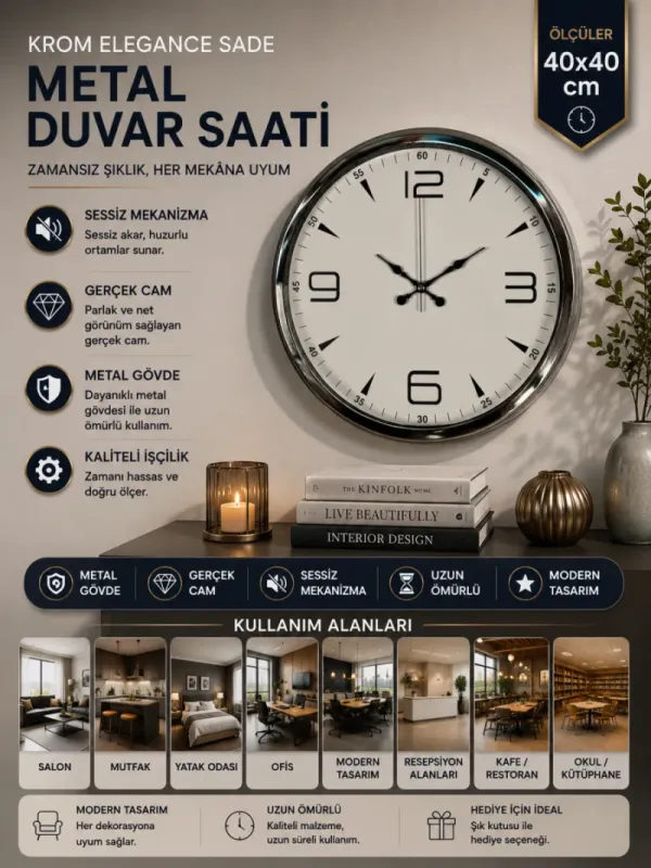 Krom Metal Duvar Saati 40 cm · Model 4050K