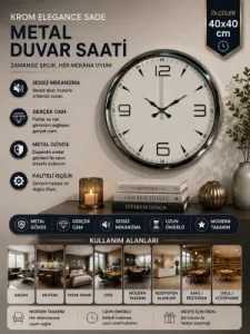 Krom Metal Duvar Saati 40 cm · Model 4050K