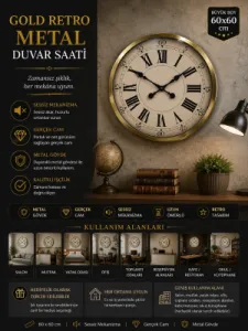 Roma Rakamlı Retro Görünümlü Gold Metal Duvar Saati 60 cm · Model 6065G